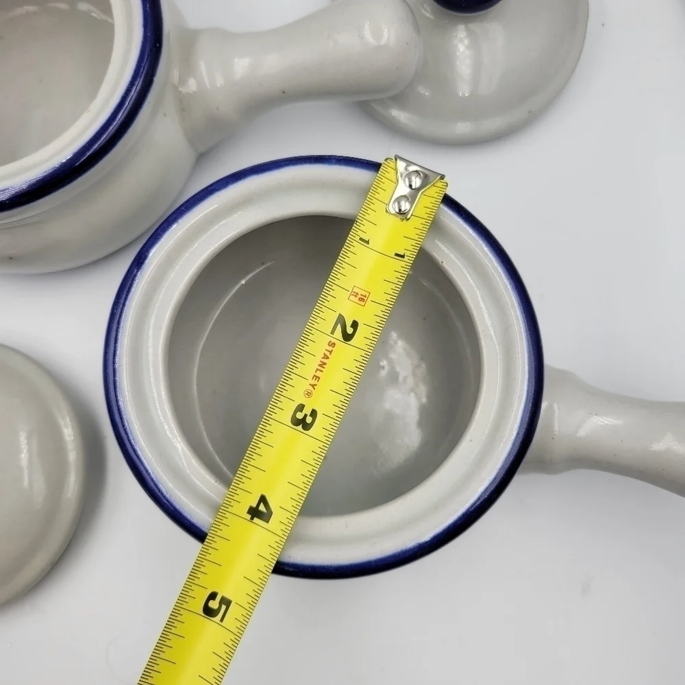 Vintage Blue Trim Handled Stoneware Soup Crocs Made in Taiwan - set of 2